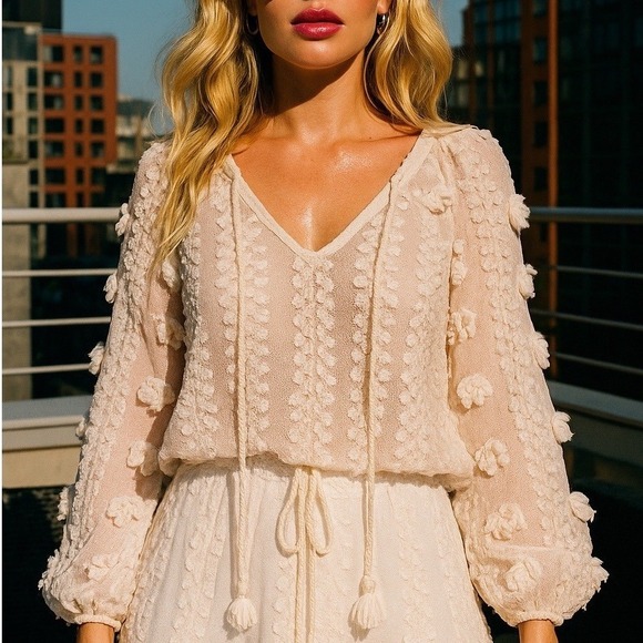 CALYPSO St Barth Tops - Calypso St Barth Women Peasant Top S Floral Textured Boho Quiet Luxury Old Money